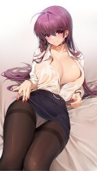 1girls artist_request ass big_breasts burgundy_hair busty cleavage huge_breasts no_bra office_lady open_clothes open_shirt red_eyes solo solo_female stockings