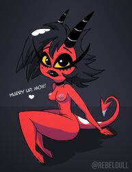 black_lipstick choker demon_girl demon_horns demon_tail helluva_boss horns imp implied_sex light_nipples millie_(helluva_boss) mole_under_eye nude_female pubic_hair puffy_nipples rebeldull red_skin text yellow_eyes