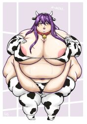 bell bell_collar big_belly chubby collar cow_ears cow_girl cow_horns cow_print cow_print_armwear cow_print_bikini cow_print_thighhighs doki_doki_literature_club fat meatpedal obese overweight overweight_female pink_nipples purple_eyes purple_hair yuri_(doki_doki_literature_club)