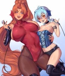 2girls amber_eyes aqua_hair armwear big_breasts blue_eyes blue_lipstick breast_size_difference collar corset fangs female female_only fins hi_res high_heel_boots high_ponytail horn horns leotard long_hair looking_at_viewer medium_hair mermaid_melody_pichi_pichi_pitch microphone mimi_(mermaid_melody_pichi_pichi_pitch) minishorts open_mouth orange_hair pantyhose pinklop ponytail red_lipstick sheshe sideboob sisters small_breasts smiling_at_viewer spiked_collar thick_thighs very_long_hair wide_hips