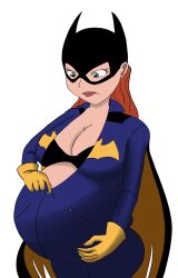 1girls barbara_gordon batgirl batman_(series) belly big_belly big_breasts black_bra bra breasts cleavage dc_comics female pregnant red_hair solo_female spooky-gh0st