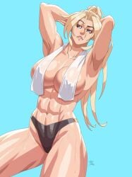 1girls abs arii_(r62) bikini_bottom blonde_female blonde_hair elf elf_ears fit_female huge_breasts original original_character pointy_ears r62 signature towel towel_around_neck towel_covering_breasts