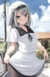 1girls blue_eyes chest collarbone dress emotionless female female_only hairband highres kaguya-sama_wa_kokurasetai_~tensai-tachi_no_renai_zunousen~ legwear light-skinned_female long_hair looking_at_viewer not_porn outdoors outside pantyhose safe safe_for_work sfw shengtian shirogane_kei skirt_lift solo standing uniform white_hair