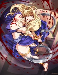 1girls amber_eyes belly_dancer belly_dancer_outfit blood cleavage dancer dancer_outfit dancing dual_wielding fangs harem_girl harem_outfit hellsing holding_weapon huge_breasts karosu-maker laura_(hellsing) sickle vampire