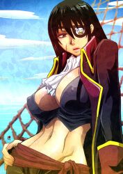 bare_midriff big_breasts black_hair cleavage cravat curvy eye_patch facial_scar female female_only gintama hand_on_hip hourglass_figure katsura_kotarou lips long_hair looking_at_viewer lychee-soda nipple_bulge no_bra official_alternate_costume open_jacket parted_lips pirate rule_63 scar solo thin_waist vest zura_janai_katsura_da