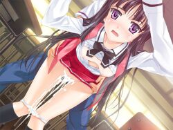 1boy 1boy1girl 1girls bent_over black_hair black_socks blue_pants blush breasts breasts_out byakudan_midori classroom clothed_sex cum cum_dripping_out_of_pussy cum_in_pussy cum_inside cum_on_panties female_focus from_behind game_cg happoubi_jin kanojo_x_kanojo_x_kanojo knee_socks kneehighs kneesocks light-skinned_female long_hair looking_at_viewer male_penetrating medium_breasts open_mouth panties panties_around_leg petite purple_eyes red_skirt school_uniform schoolgirl sex sex_from_behind shiki_haruomi socks straight taken_from_behind teenage_girl teenager vaginal_penetration