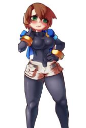 1girls aile alpha_channel big_breasts blush bodysuit breasts brown_hair female green_eyes jacket mega_man mega_man_zx namenloose open_jacket png short_hair shorts solo tagme thighs tomboy transparent_background