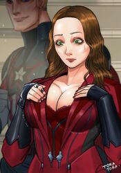 1boy 1girls avengers big_breasts breasts brown_hair captain_america cleavage clothed female green_eyes large_breasts light-skinned_female light_skin long_hair looking_down male marvel marvel_cinematic_universe marvel_comics mutant_(marvel) scarlet_witch steve_rogers sweatdrop tora_tora wanda_maximoff x-men