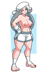 1girls big_breasts big_thighs blonde_female boxing boxing_gloves breasts casual_nudity casual_topless chubby feet female gloves light-skinned_female light_skin long_hair melony_(pokemon) milf netto-painter nipples pokemon pokemon_ss shorts solo solo_female thick thick_hips thick_thighs toeless_legwear topless topless_boxing white_boxing_gloves white_gloves white_shorts wide_hips wink