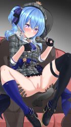 absurdres anus ascot ass_grab asymmetrical_legwear beret blue_eyes blue_hair blush breath censored faceless faceless_male female gloves hair_between_eyes hat heart heart-shaped_pupils highres hololive hololive_gen_0 hololive_japan hoshimachi_suisei looking_at_viewer mcp150_plus medium_hair mosaic_censoring partially_fingerless_gloves penis pussy shoes side_ponytail single_thighhigh smile socks solo spread_legs star_(symbol) star_in_eye symbol-shaped_pupils symbol_in_eye thighhighs virtual_youtuber