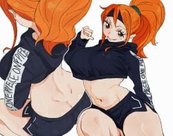 1girls ass ass_cleavage bare_midriff big_ass big_breasts breasts busty butt_crack crop_top curvy exposed_midriff eye_contact female female_focus female_only large_breasts light-skinned_female light_skin looking_at_viewer midriff nami navel one_piece orange_eyes orange_hair ponytail post-timeskip pov_eye_contact shorts simple_background smile smiling smiling_at_viewer solo solo_female solo_focus tagme voluptuous whoopsatro