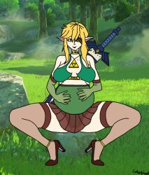 1girls bad_art big_breasts breasts female high_heels light-skinned_female light_skin link link_(breath_of_the_wild) link_(tears_of_the_kingdom) master_sword pregnant solo the_legend_of_zelda