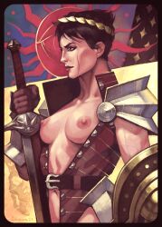 abs areolae armor belly_button black_hair body_armor breasts cassandra_pentaghast dragon_age dragon_age_inquisition janrock muscular muscular_female nipples scar short_hair sword vein veiny