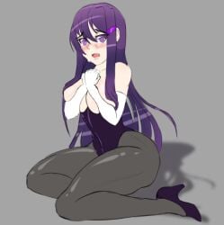 1girls blush bunnysuit doki_doki_literature_club female high_heels looking_at_viewer moca_1atte no_bra no_shirt open_mouth purple_bunnysuit purple_eyes purple_hair solo solo_female sweat sweating white_armwear yuri_(doki_doki_literature_club)