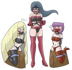 3girls arms_behind_back ball_gag black_bra black_legwear black_panties black_thighhighs blonde_hair blue_hair blush bra breasts clothing collar courtney_(pokemon) dominatrix female female_only femdom femsub gag gagged gloves green_eyes high_heel_boots large_breasts latex legs_together long_hair lusamine_(pokemon) mask medium_breasts milf multiple_girls navel nintendo panties pink_eyes pink_hair pokemon pokemon_oras pokemon_rgby pokemon_rse pokemon_sm red_bra red_eyes red_panties restrained rosvo sabrina_(pokemon) short_hair slave spread_legs team_magma tears thighhigh_boots thighhighs whip whip_marks wide_hips wooden_horse yuri