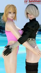 2girls 3d ass ass_grab beach big_breasts blender blonde_female blonde_hair blue_eyes bob_cut cassandra_alexandra headband large_breasts le_sandman leotard mole_under_eye naughty_smile nier:_automata ocean one-piece_swimsuit pink_swimsuit shoulder_length_hair small_breasts soul_calibur tagme thighhighs white_hair white_leotard xnalara yorha_2b