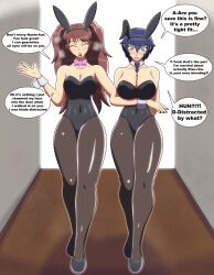 2girls blue_eyes blue_hair breasts brown_hair bunny_ears bunnysuit closed_eyes detached_collar english_text fake_animal_ears fishnet_legwear hallway high_heels justdrawingjake kujikawa_rise large_breasts leotard multiple_girls nosebleed painted_fingernails persona persona_4 playboy_bunny shirogane_naoto short_hair text text_bubble twintails wrist_cuffs