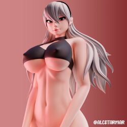 1girls 3d alestarmar bottomless breasts cleavage_cutout corrin_(fire_emblem) corrin_(fire_emblem)_(female) female female_only fire_emblem fire_emblem_fates from_below grey_eyes grey_hair hair_between_eyes hairband large_breasts long_hair looking_at_viewer looking_down nintendo pointy_ears smile solo underboob