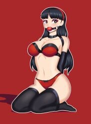 amagi_yukiko arms_tied_behind_back ball_gag black_eyes black_hair black_thighhighs bondage bow_panties bra breasts collar female gag gagged hairband kneeling large_breasts long_hair navel panties persona persona_4 red_bra red_panties starlitewarrior thighhighs