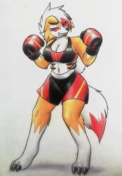 1girls barefoot big_breasts boxing boxing_gloves bra breasts clawed_toes cleavage clothing dusk_lycanroc female female_only furry gloves long_hair looking_at_viewer lycanroc nintendo pokémon_(species) pokemon red_eyes sharp_teeth shorts solo sports_bra sportswear tail the_k9_team thick thick_hips thick_tail thick_thighs traditional_media_(artwork) white_fur white_hair wide_hips yellow_fur