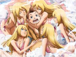 1boy 2022 4:3_aspect_ratio 5girls bare_legs belly bikini blonde_female blonde_hair blue_eyes boruko boruto:_naruto_next_generations breasts clavicle cleavage clothing genderswap_(mtf) legs long_hair madoka_tento naruto naruto_(series) navel nude_filter_request official_art open_mouth prank rule_63 seducing sexy_no_jutsu shadow_clone_jutsu shounen_jump surprised surrounded swimsuit uzumaki_boruto