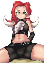 armor ass_visible_through_thighs belly big_breasts breasts female_on_top green_eyes humanoid light_skin long_gloves midriff navel nintendo octoling octoling_girl octoling_rival red_hair short_hair splatoon tentacle_hair thick_thighs thighs tight_clothing tummy unusual_pupils