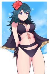 alternate_costume bikini black_bikini black_swimsuit breasts byleth_(female)_(summer)_(fire_emblem) byleth_(fire_emblem) byleth_(fire_emblem)_(female) emi_(kottonart) female female_only fire_emblem fire_emblem:_three_houses fire_emblem_heroes looking_at_viewer nintendo official_alternate_costume serafineart1001 solo swimsuit