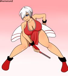 angel_(kof) big_breasts blue_eyes busty cleavage dark_skin jiggle kimono king_of_fighters mai_shiranui mai_shiranui_(cosplay) maymayumi2 simple_background smiling white_hair