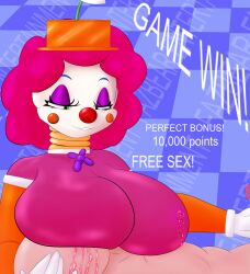 1boy 1girls accessory anon anonymous big_breasts breast_sucking breasts clown clown_girl clussy desesperadoleon duo female five_nights_at_freddy's freddy_fazbear's_pizzeria_simulator fruit_punch_clown genitals handjob hat lactation male male/female masturbating masturbation milking multicolored_body nipples nursing_handjob orange_body penis pink_hair precum precum_drip purple_body scottgames