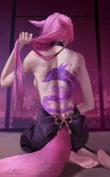 animal_ears back back_focus back_tattoo barefoot facing_away female fox_ears fox_tail from_behind genshin_impact hand_up highres holding holding_hair long_hair m_alexa pink_hair signature sitting solo tail tattoo topless twitter_username very_long_hair yae_miko