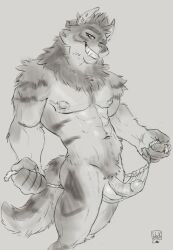 alex_nightmurr anthro body_hair bottomwear canid canine canis clothing foreskin genitals half-erect hi_res lion21 loincloth looking_at_viewer male male/male mammal muscular offscreen_character penis pubes smile solo story story_in_description tribal wolf