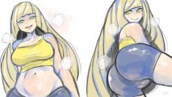 1girls ass ass_focus bay_(artist) big_ass big_breasts black_shorts blonde_female blonde_hair blue_lips blue_lipstick bottom_lip bottomwear breasts cameltoe cleavage dat_ass female game_freak green_eyes gym_shorts hair huge_ass huge_breasts lips long_hair looking_at_viewer lusamine_(pokemon) mature mature_female mature_woman milf mother open_mouth pokemon pokemon_sm seductive seductive_smile shorts solo solo_female steam sweat sweatdrop thick_thighs thighs topwear yellow_topwear