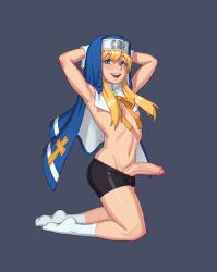 1boy arc_system_works blonde_hair blue_eyes blush bridget clothed clothing erection femboy guilty_gear guilty_gear_xx hands_behind_head kneeling large_penis light_blush looking_at_viewer male male_focus male_only minishorts mostly_nude penis rizdraws simple_background smile smooth_penis socks solo source_request topless uncut year_request