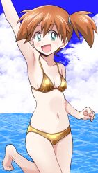 1girls armpits arms_up bangs bikini breasts creatures_(company) eyelashes female female_only game_freak gen_1_pokemon green_eyes hair_tie highres kasumi_(pokemon) legs midriff navel nintendo orange_hair pokemon pokemon_(game) pokemon_rgby ponytail ponzu_rui smile solo swimsuit thighs