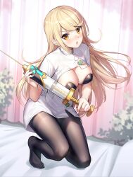 bed big_syringe blonde_female blonde_hair breasts core_crystal curtain female holding_syringe large_breasts latex long_hair mythra name_tag needle nintendo no_shoes nurse nurse_uniform pantyhose plants syringe thighband_pantyhose xenoblade_(series) xenoblade_chronicles_2 yellow_eyes zhuoyandesailaer