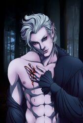 abs astarion baldur's_gate baldur's_gate_3 blood blood_stain dungeons_and_dragons forgotten_realms loose_shirt male male_only male_pinup pinup red_eyes thefrenemyghost uncensored vampire white_hair