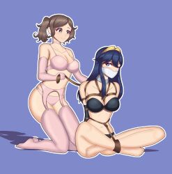 2girls arms_tied_behind_back bdsm black_bra black_panties blue_eyes blue_hair bondage bra breasts brown_eyes brown_hair choker cloth_gag collar crown cynthia_(fire_emblem) dominatrix femdom femsub fire_emblem fire_emblem_awakening gag gagged garter_belt gloves kneeling large_breasts legs_tied long_hair lucina_(fire_emblem) multiple_girls navel nintendo panties pink_bra pink_choker pink_garter_belt pink_gloves pink_panties pink_thighhighs rope rope_between_breasts rope_bondage short_twintails sitting starlitewarrior thighhighs twintails yuri