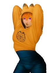 arms_up beelzebub_(obey_me) cat_ears catboy crop_top demon dreamscreep femboy fully_clothed garfield_(series) garfield_the_cat hoodie human humanoid male male_only muscular muscular_male obey_me!_one_master_to_rule_them_all orange_hair pose purple_eyes self_upload solo solo_male transparent_background