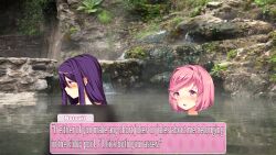 2girls ddlc_text_box doki_doki_literature_club duo english_text female female_only hot_spring hot_springs in_water looking_to_the_side multiple_girls naked natsuki_(doki_doki_literature_club) nude nudist open_mouth pink_eyes pink_hair pink_text_box purple_eyes purple_hair skinny_dipping swimming talking talking_to_viewer text text_box the_bike water yuri_(doki_doki_literature_club)