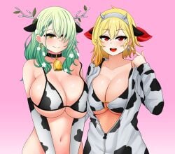 beauty_mark bell_collar belly_button bikini bikini_top blonde_female blonde_hair blush ceres_fauna choker cow_ears cow_print cowbell cowkini earrings flowers_in_hair green_hair hair_ribbon hololive hololive_english hololive_english_-council- hololive_english_-promise- hololive_indonesia hololive_indonesia_holoh3ro hoodie horns kaela_kovalskia long_gloves red_eyes smile smiling_at_viewer the_only_shoe virtual_youtuber yellow_eyes yellow_hair zipper_down