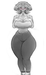 big_ass big_breasts big_butt big_hips big_teeth clothed clothed_female clothing gandril_yoseff hands_on_breasts huge_hips monster monster_girl sharp_teeth smiling