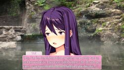 1girls blush ddlc_text_box doki_doki_literature_club female flustered hot_spring hot_springs in_water long_hair looking_to_the_side naked nude open_mouth partially_submerged pink_text_box plant plants purple_eyes purple_hair rock rocks skinny_dipping solo talking text text_box the_bike water yuri_(doki_doki_literature_club)