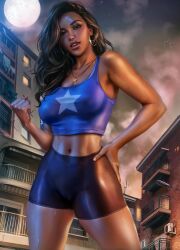 1girls alternate_version_available america_chavez big_breasts breasts brown_eyes brown_hair cameltoe dark-skinned_female dark_skin earrings female female_only hoop_earrings large_breasts latina logan_cure looking_at_viewer marvel marvel_comics necklace short_shorts shorts skin_tight solo sweat tank_top uncensored