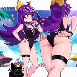 arthropod ass beach big_ass breasts crab crustacean curvaceous curvy curvy_female curvy_figure earrings feline female light-skinned_female light_skin long_hair original original_character palm_tree popsicle purple_eyes purple_hair sarukaiwolf sunglasses sunglasses_on_head sweat sweaty_thighs swimwear thighs umbrella violentine_(sarukaiwolf) voluptuous