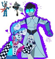 animatronic blue_and_white_fur blue_eyes bunny button_up_shirt coat crack_pairing crack_ship crossover exclamation_mark femboy five_nights_at_freddy's five_nights_at_freddy's_2 fluffy_ears gay green_eyes handjob heart_symbol holding_penis machine medic_robot no_humans non-human non-human_only rabbit robot robot_humanoid satire simple_background team_fortress_2 toy_bonnie_(fnaf) trap unknown_artist weird_crossover