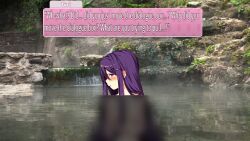 1girls ddlc_text_box doki_doki_literature_club female hot_spring hot_springs in_water naked nude pink_text_box plants purple_eyes purple_hair rocks skinny_dipping solo swimming text text_box the_bike water yuri_(doki_doki_literature_club)