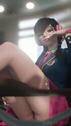 1girls 3d 3d_(artwork) academy_d.va alternate_costume alternate_hairstyle asian black_hair blender blender_(software) blizzard_entertainment braided_twintails brown_eyes brown_hair classroom cute d.va eyelashes eyeliner eyeshadow facepaint facial_markings female female_only fringe glasses hana_song headphones hourglass_figure korean looking_at_viewer overwatch pale-skinned_female pale_skin panties panties_peek petite pink_eyeshadow pink_lipstick pose posing qtria red_lipstick round_glasses school school_uniform schoolgirl seductive seductive_look sensual skirt slim solo teenager thick_thighs twintails whisker_markings wide_hips