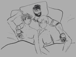 3boys bedroom black_and_white clover_ebi cryptocurios cyborg gay james_ironwood large_pecs large_pectorals male_only prosthetic_arm qrow_branwen rwby yaoi