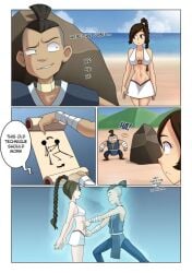 1boy 1girls avatar_the_last_airbender bare_arms beach belly_button blue_eyes body_swap bodyswap braided_ponytail cleavage close-up clothing comic comic_page dialogue female_focus fire_nation hiding medium_breasts neckwear outdoors scroll smile smiling sokka summer swimsuit tobias_wheller ty_lee water_tribe