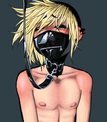 blonde_hair blush bondage collar covered_mouth dreamscreep latex latex_mask leash leash_and_collar male male_only mask masked_male nipples original original_character submissive submissive_male void_(dreamscreep)